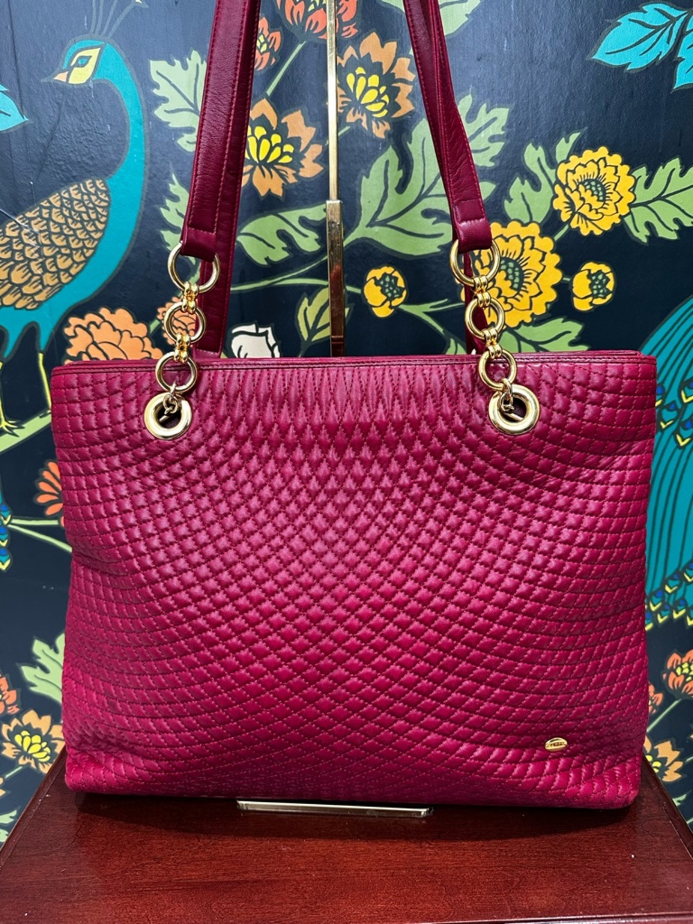 Vintage Bally Quilted Lambskin Tote Red Leather Gold Chain Italy 80s - Picture 3 of 15